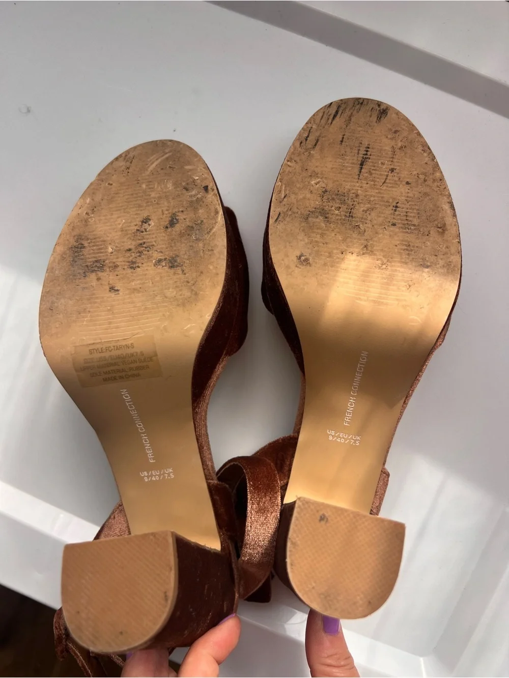 French Connection Taryn Copper Brown Velvet Platform Ankle-Strap Heels